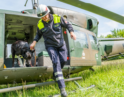 Eine Person steigt mit einem Hund aus dem Hubschrauber, der in einer Wiese steht.