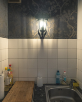 Innenaufnahme Küche, Waschbecken mit Geschirspülmittel daneben Holzbrett, Wand dahinter weiß gefliest, und zur Hälfte dunkel angestrichen, Wandlampe