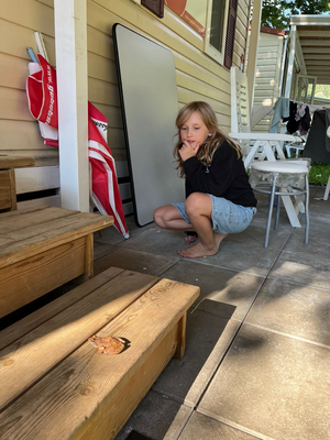 jüngeres Mädchen mit kurzer Jeanshose und schwarzem Pulli, hockt vor einer Holztreppe, darauf sitzt ein Frosch, im Hintergrund Holzhaus, Campingsessel
