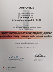 Urkunde Staatspreis Unternehmensqualität 2020